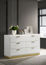 Caraway LED Panel Bed & Bedroom Sets - Upholstered Headboard in White with Gold Accents, Queen & King - lifestyle
