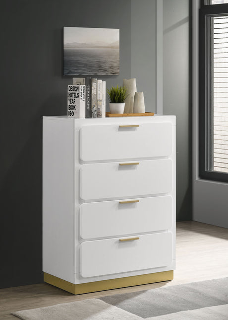 Caraway LED Panel Bed & Bedroom Sets - Upholstered Headboard in White with Gold Accents, Queen & King - lifestyle