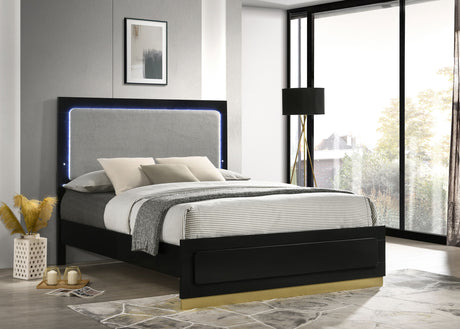 Caraway LED Panel Bed & Bedroom Sets - Black & Gold with Grey Upholstered Headboard, Queen to California King - lifestyle