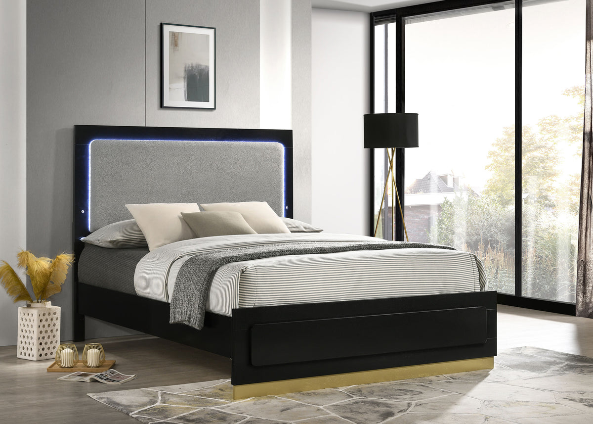 Caraway LED Panel Bed & Bedroom Sets - Black & Gold with Grey Upholstered Headboard, Queen to California King – view 1