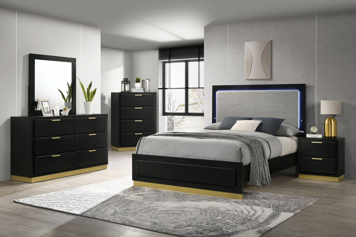 Caraway LED Panel Bed & Bedroom Sets - Black & Gold with Grey Upholstered Headboard, Queen to California King – view 20