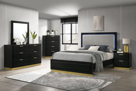 Caraway LED Panel Bed & Bedroom Sets - Black & Gold with Grey Upholstered Headboard, Queen to California King – view 20