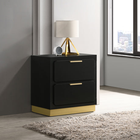 Caraway LED Panel Bed & Bedroom Sets - Black & Gold with Grey Upholstered Headboard, Queen to California King - lifestyle