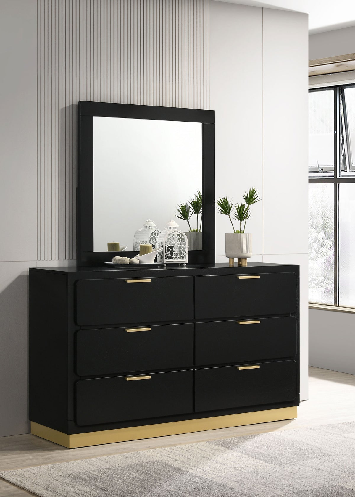 Caraway LED Panel Bed & Bedroom Sets - Black & Gold with Grey Upholstered Headboard, Queen to California King - lifestyle