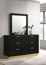 Caraway LED Panel Bed & Bedroom Sets - Black & Gold with Grey Upholstered Headboard, Queen to California King - lifestyle