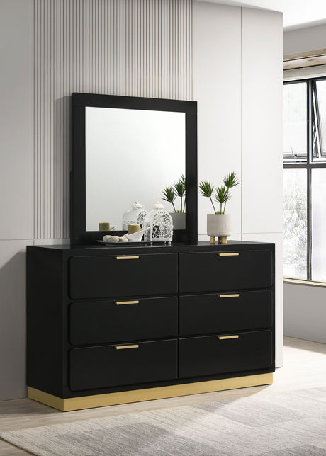 Caraway LED Panel Bed & Bedroom Sets - Black & Gold with Grey Upholstered Headboard, Queen to California King - lifestyle