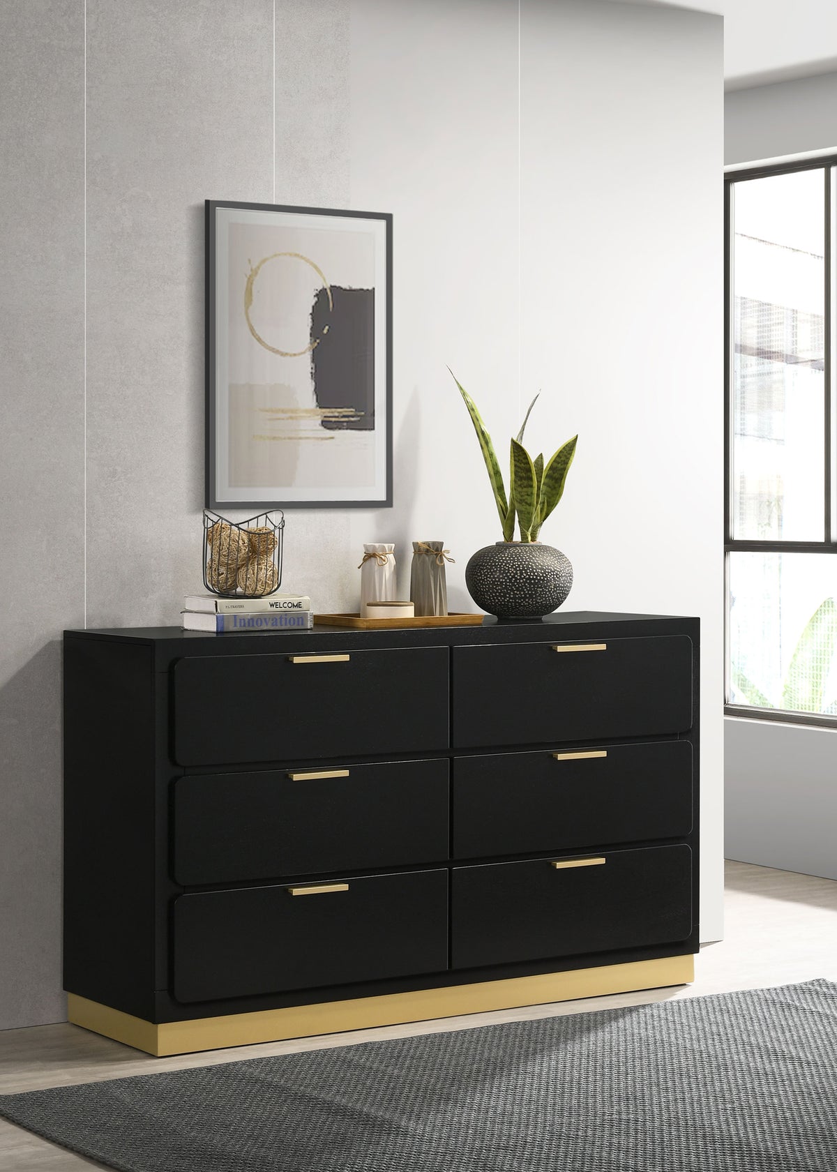 Caraway LED Panel Bed & Bedroom Sets - Black & Gold with Grey Upholstered Headboard, Queen to California King - lifestyle
