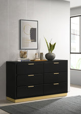 Caraway LED Panel Bed & Bedroom Sets - Black & Gold with Grey Upholstered Headboard, Queen to California King - lifestyle