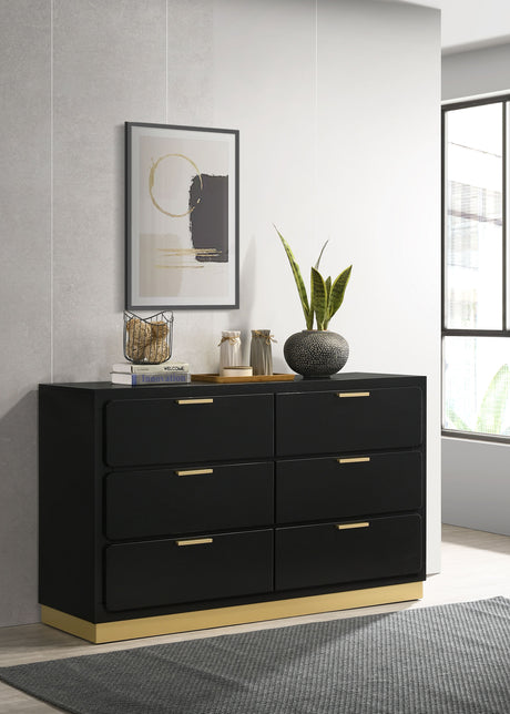 Caraway LED Panel Bed & Bedroom Sets - Black & Gold with Grey Upholstered Headboard, Queen to California King - lifestyle