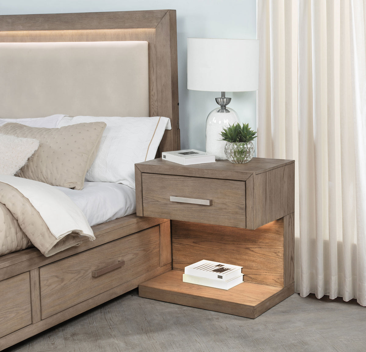 Kenora LED Storage Bed & Bedroom Sets - Upholstered Headboard with Underbed Drawers in Barley Brown - lifestyle