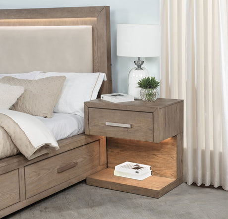 Kenora LED Storage Bed & Bedroom Sets - Upholstered Headboard with Underbed Drawers in Barley Brown - lifestyle