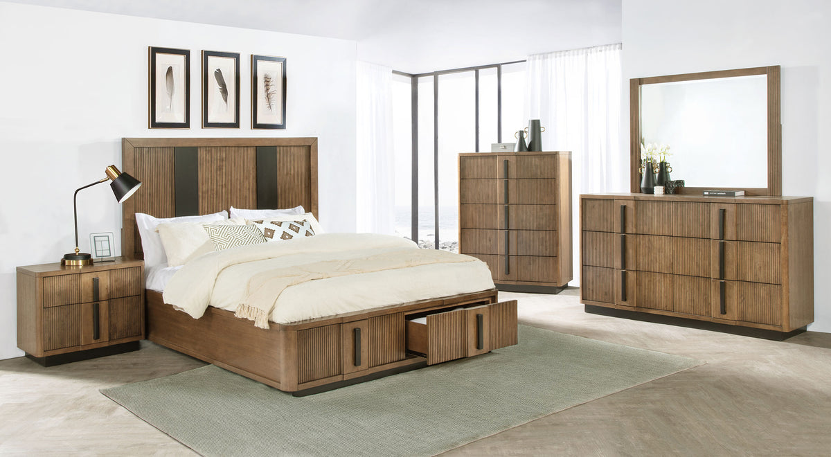 Terrace Fluted Storage Bed & Bedroom Sets - 5pcs- California King Bed + Dresser + Mirror + Nightstand + Chest