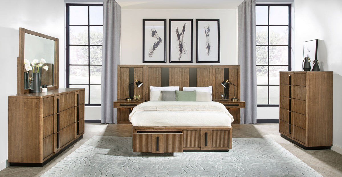 Terrace Fluted Storage Bed & Bedroom Sets - 6pcs- California King Wall Panel Bed + Dresser + Mirror + Chest