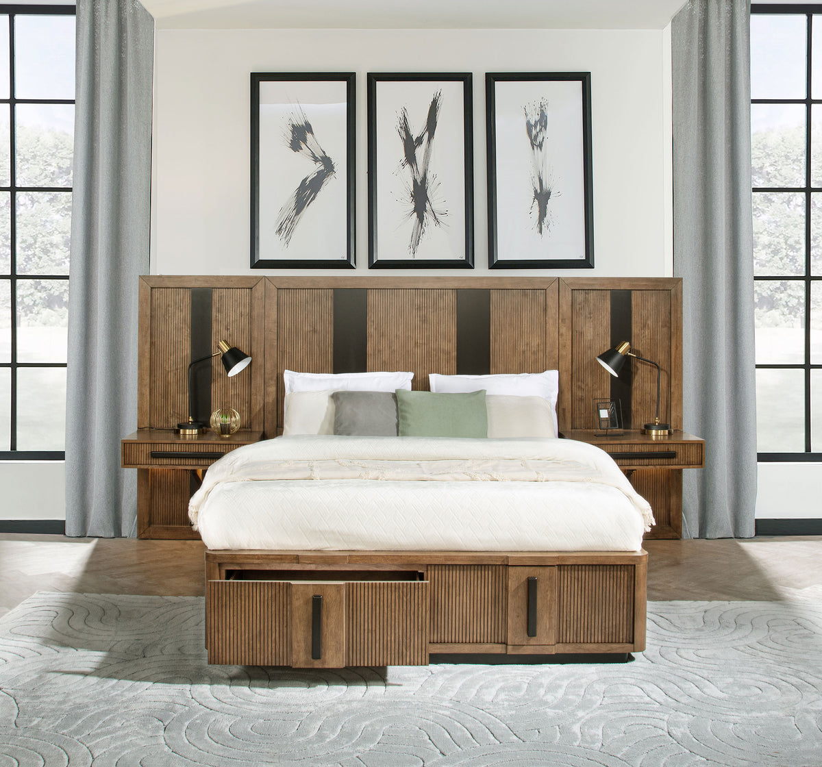 Terrace Fluted Storage Bed & Bedroom Sets - Wall Panel Nightstand Option in Ash Brown, Queen to California King - lifestyle