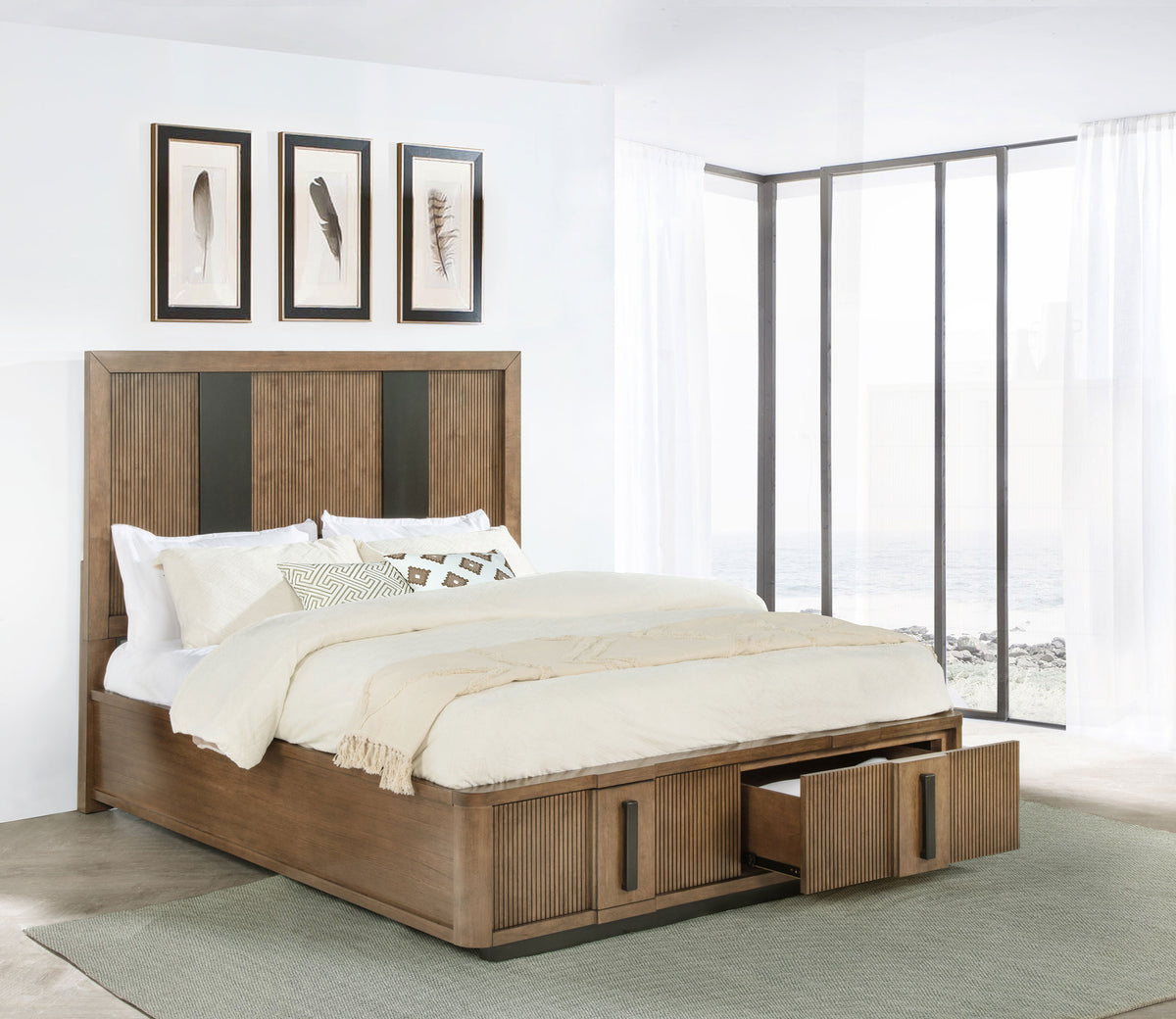 Terrace Fluted Storage Bed & Bedroom Sets - Wall Panel Nightstand Option in Ash Brown, Queen to California King - lifestyle