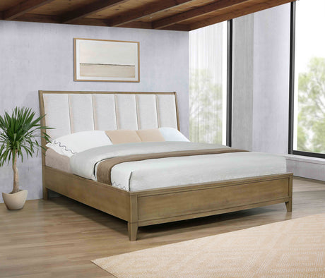 Granada Upholstered Panel Bed & Bedroom Sets - Channeled Beige Headboard in Natural Pine, Queen to California King - lifestyle