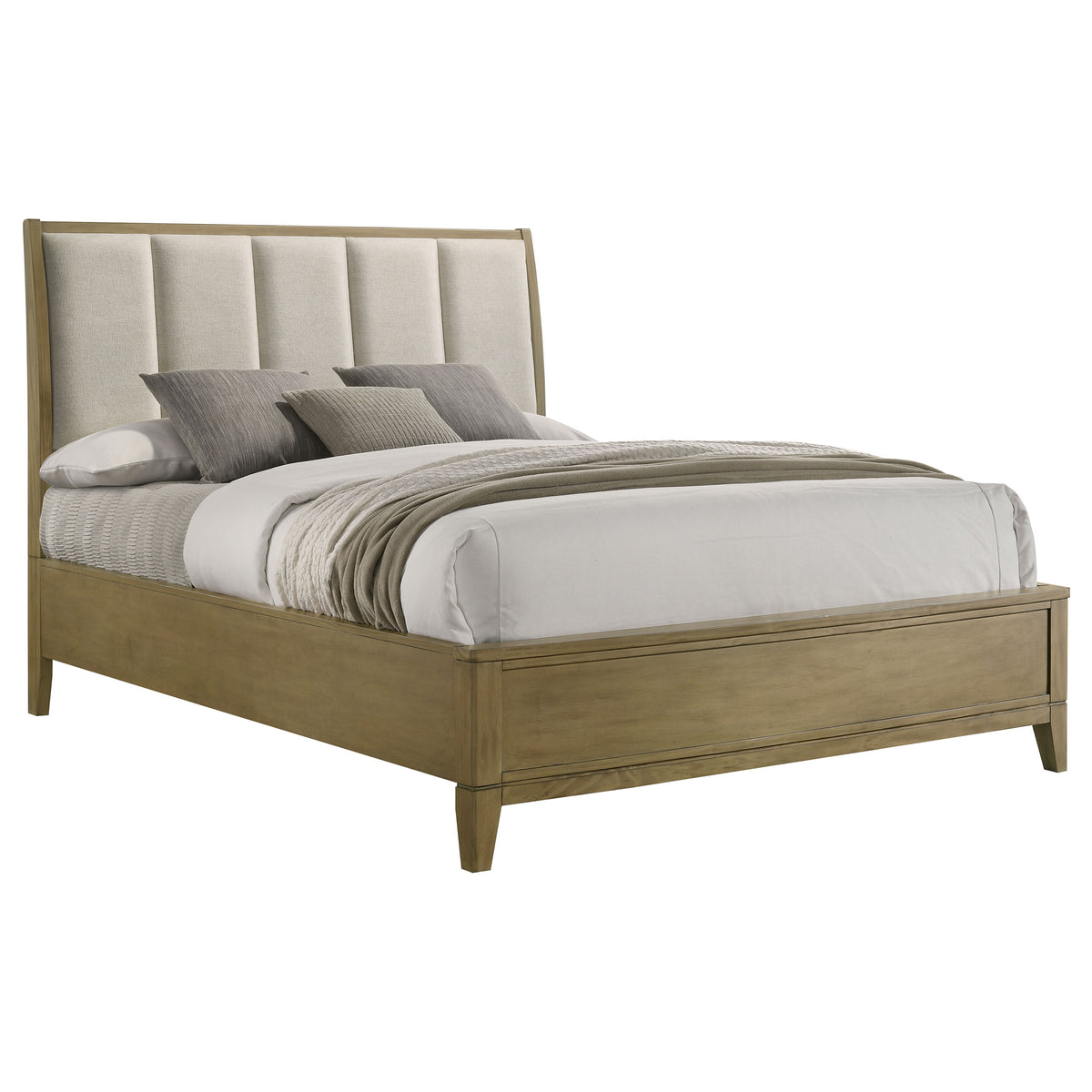 Granada Upholstered Panel Bed & Bedroom Sets - Channeled Beige Headboard in Natural Pine, Queen to California King
