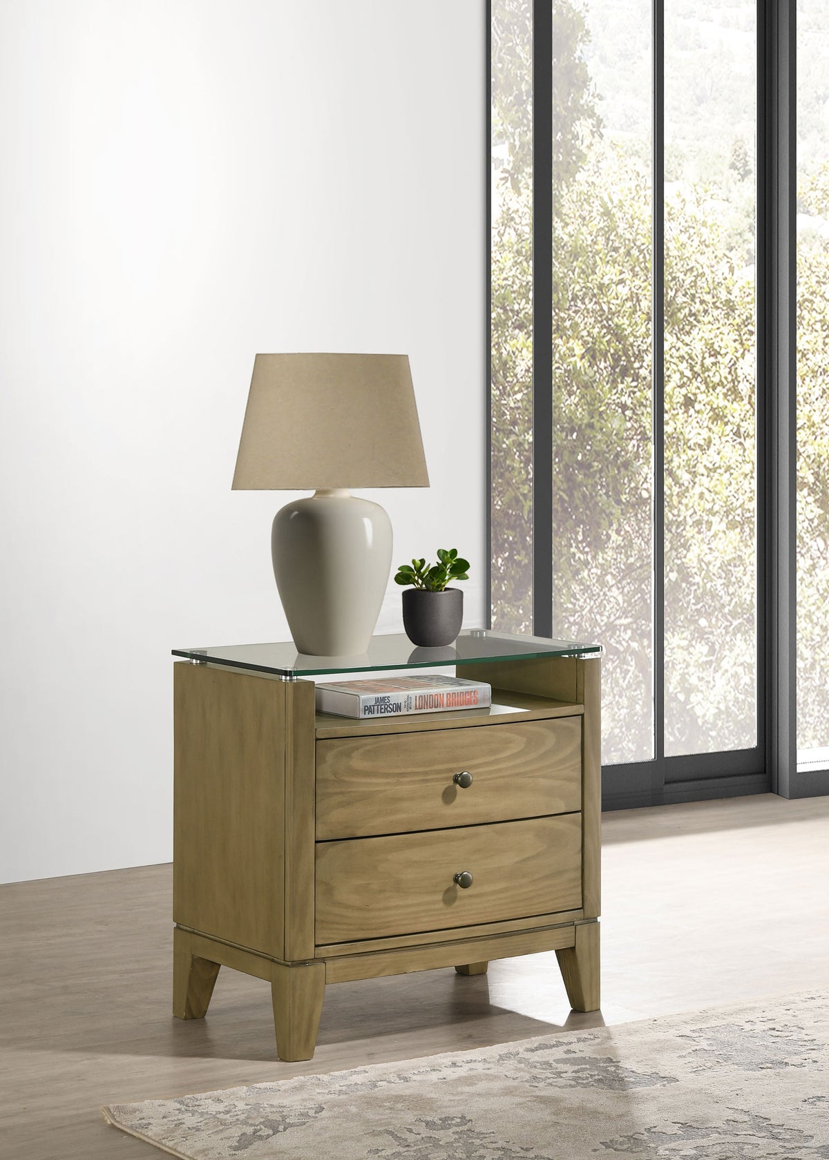 Granada Upholstered Panel Bed & Bedroom Sets - Channeled Beige Headboard in Natural Pine, Queen to California King - lifestyle