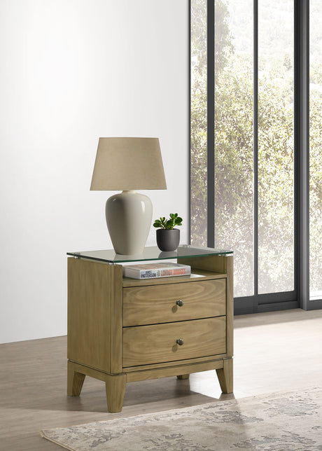 Granada Upholstered Panel Bed & Bedroom Sets - Channeled Beige Headboard in Natural Pine, Queen to California King - lifestyle