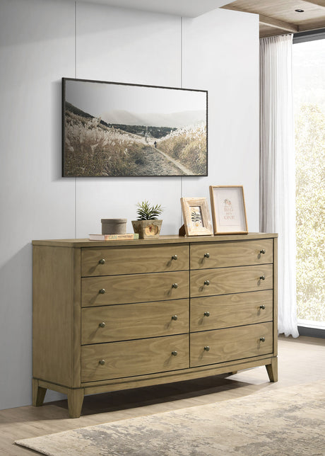 Granada Upholstered Panel Bed & Bedroom Sets - Channeled Beige Headboard in Natural Pine, Queen to California King - lifestyle