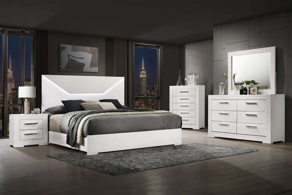 Ives LED Panel Bed & Bedroom Sets - 5pcs- Queen Bed + Nightstand + Dresser + Mirror + Chest