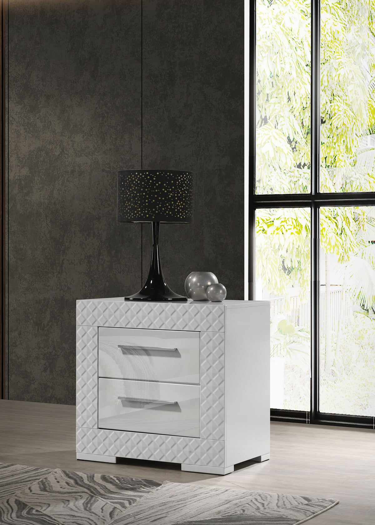 Ives LED Panel Bed & Bedroom Sets - Diamond Tile Emboss in White High Gloss, Modern Italian Style - lifestyle