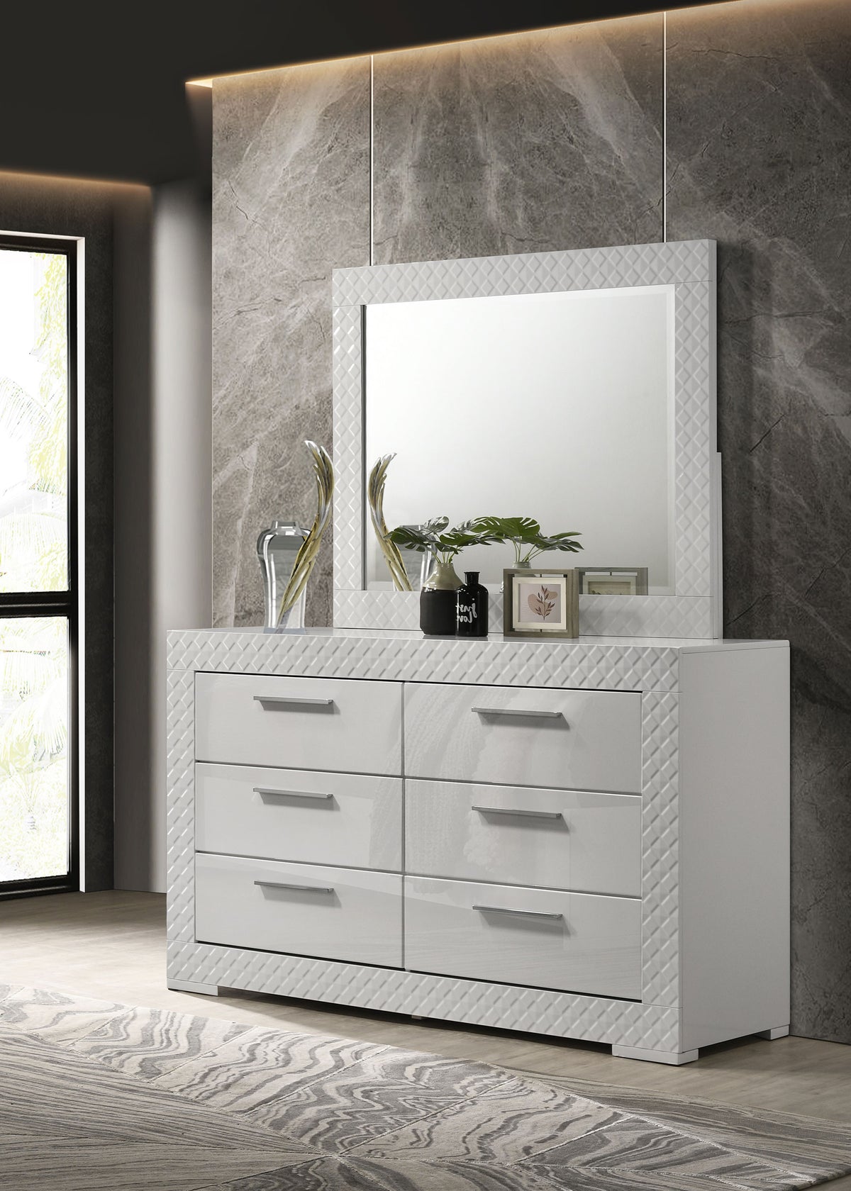 Ives LED Panel Bed & Bedroom Sets - Diamond Tile Emboss in White High Gloss, Modern Italian Style - lifestyle
