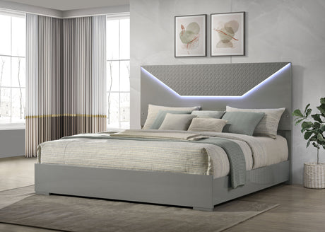 Ives LED Panel Bed & Bedroom Sets - Grey High Gloss with 3D Diamond Tile Emboss & Chrome Hardware – view 2