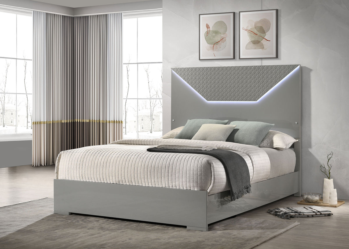 Ives LED Panel Bed & Bedroom Sets - Grey High Gloss with 3D Diamond Tile Emboss & Chrome Hardware – view 1