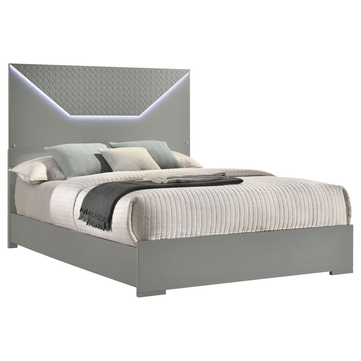 Ives LED Panel Bed & Bedroom Sets - Grey High Gloss with 3D Diamond Tile Emboss & Chrome Hardware – view 17