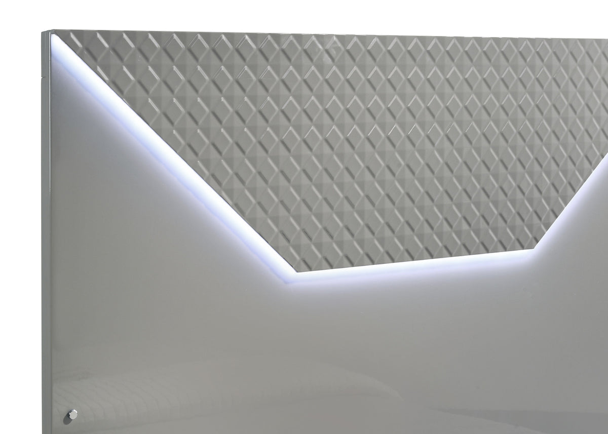 Ives LED Panel Bed & Bedroom Sets - Grey High Gloss with 3D Diamond Tile Emboss & Chrome Hardware