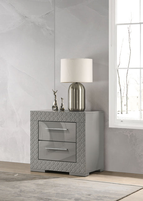 Ives LED Panel Bed & Bedroom Sets - Grey High Gloss with 3D Diamond Tile Emboss & Chrome Hardware - lifestyle