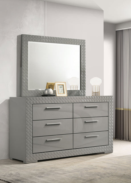 Ives LED Panel Bed & Bedroom Sets - Grey High Gloss with 3D Diamond Tile Emboss & Chrome Hardware - lifestyle