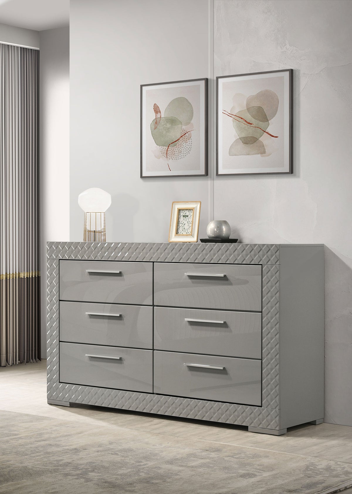 Ives LED Panel Bed & Bedroom Sets - Grey High Gloss with 3D Diamond Tile Emboss & Chrome Hardware - lifestyle