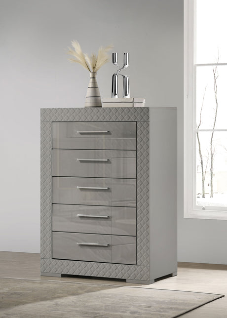 Ives LED Panel Bed & Bedroom Sets - Grey High Gloss with 3D Diamond Tile Emboss & Chrome Hardware - lifestyle
