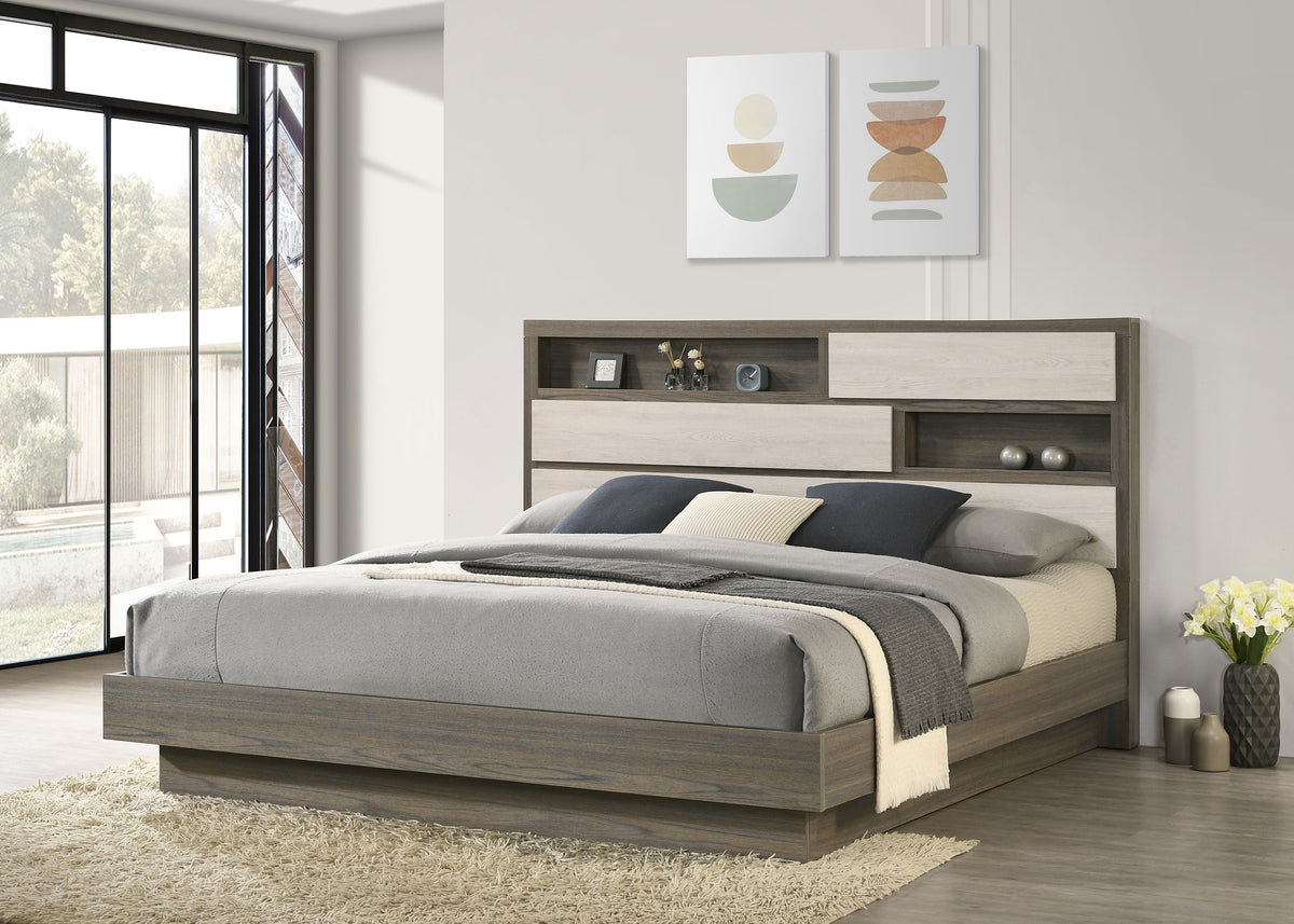 Fenwick Bookcase Bed & Bedroom Sets - Two-Tone Grey Oak with Hidden Storage, Queen to California King - lifestyle