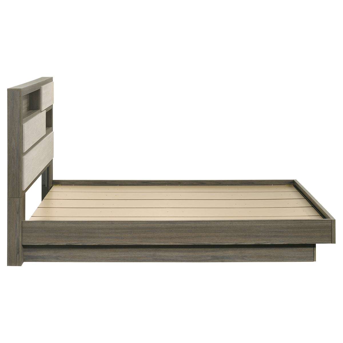 Fenwick Bookcase Bed & Bedroom Sets - Two-Tone Grey Oak with Hidden Storage, Queen to California King