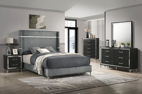 Lucia Fluted Velvet Wingback Bed & Bedroom Sets - 5pcs- Eastern King Wingback Bed + Nightstand + Dresser + Mirror + Chest