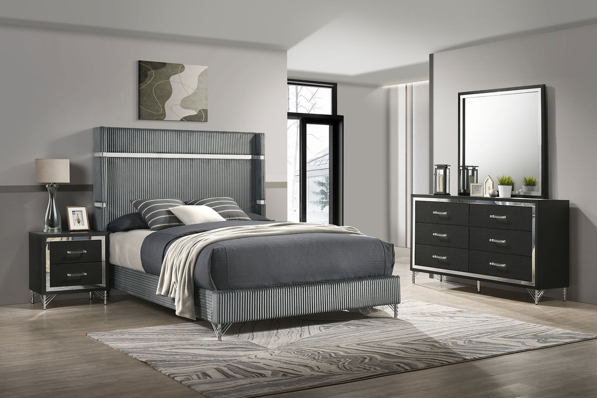 Lucia Fluted Velvet Wingback Bed & Bedroom Sets - 4pcs- Queen Wingback Bed + Nightstand + Dresser + Mirror
