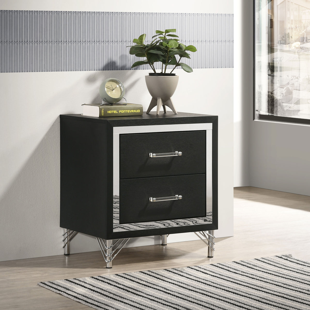 Lucia Fluted Velvet Wingback Bed & Bedroom Sets - Grey Upholstery with Black & Chrome Case Pieces - lifestyle