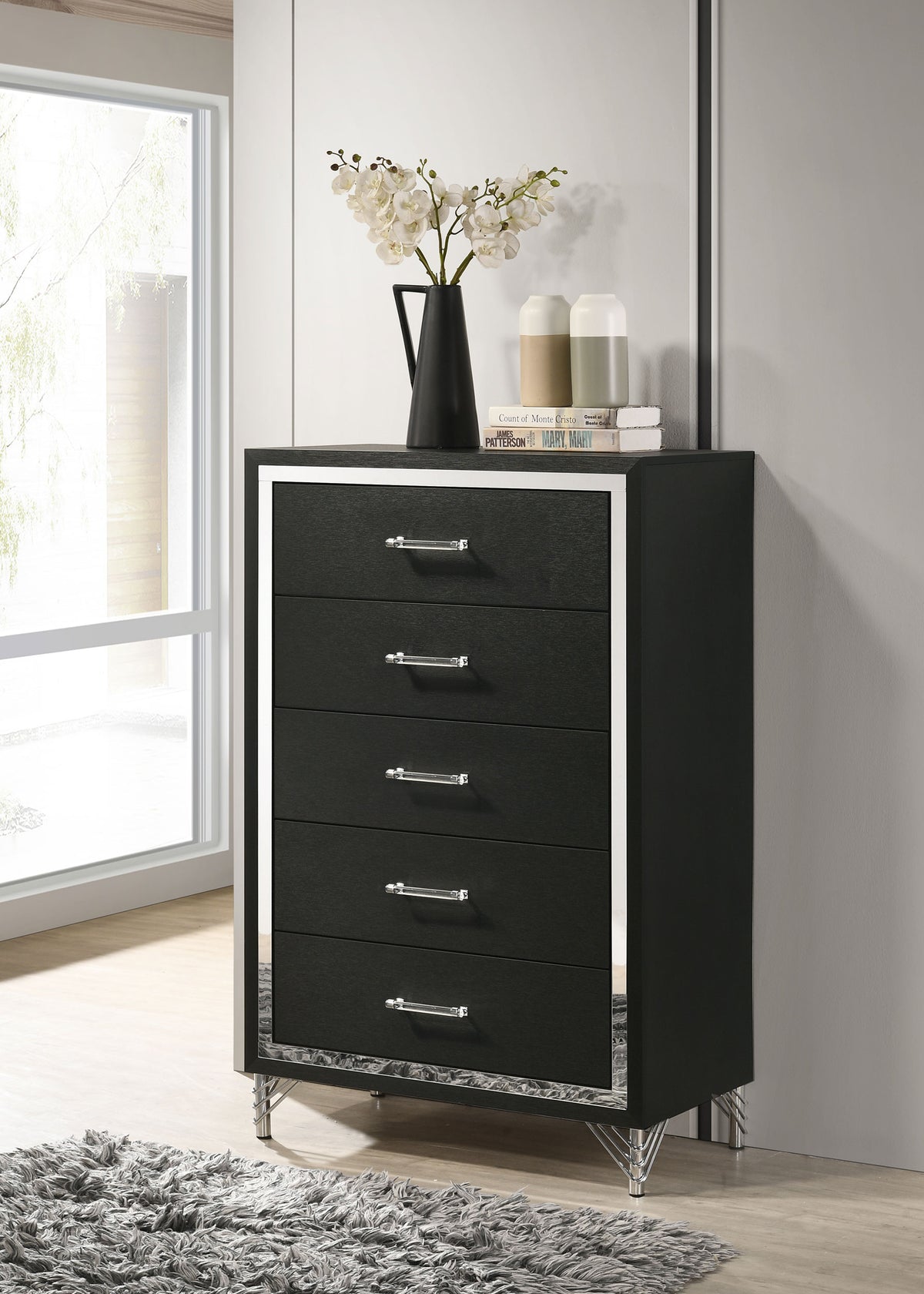 Lucia Fluted Velvet Wingback Bed & Bedroom Sets - Grey Upholstery with Black & Chrome Case Pieces - lifestyle
