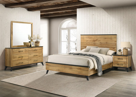 Kaywood Mid-Century Panel Bed & Bedroom Sets - Full, 4pcs- Bed + Nightstand + Dresser + Mirror