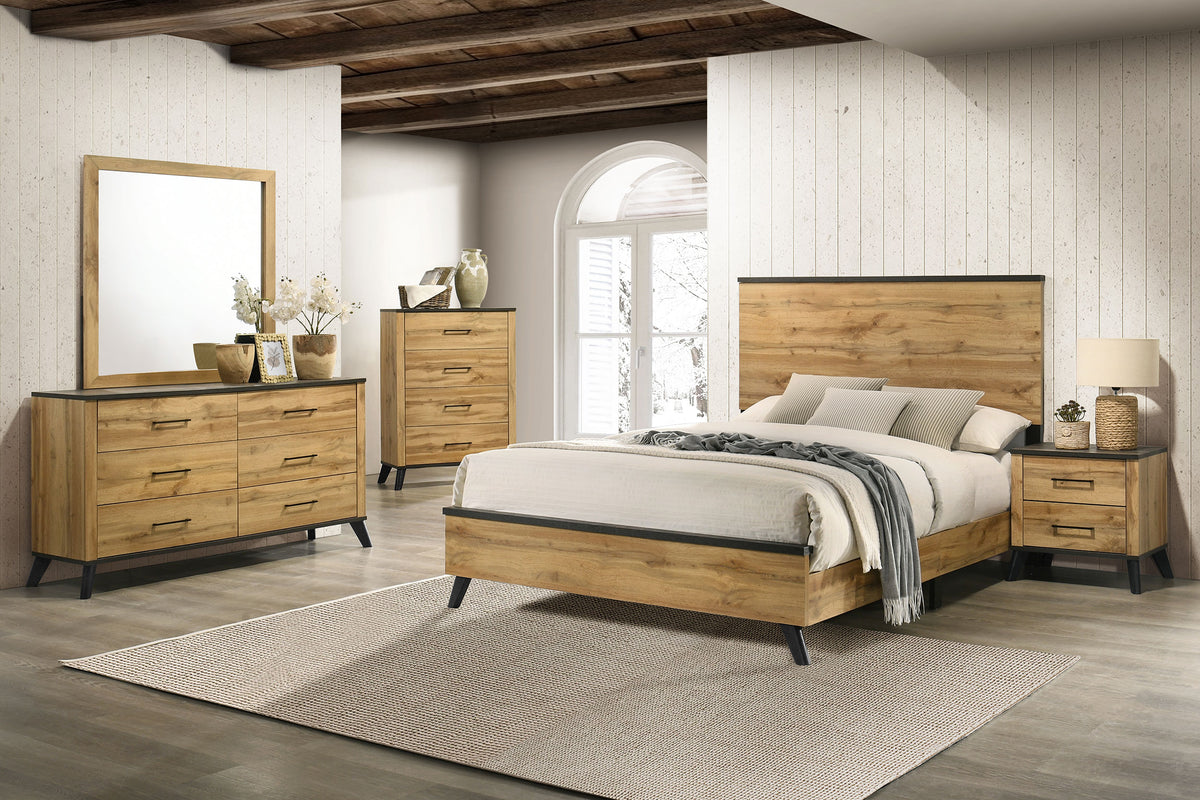 Kaywood Mid-Century Panel Bed & Bedroom Sets - Full, 5pcs- Bed + Nightstand + Dresser + Mirror + Chest