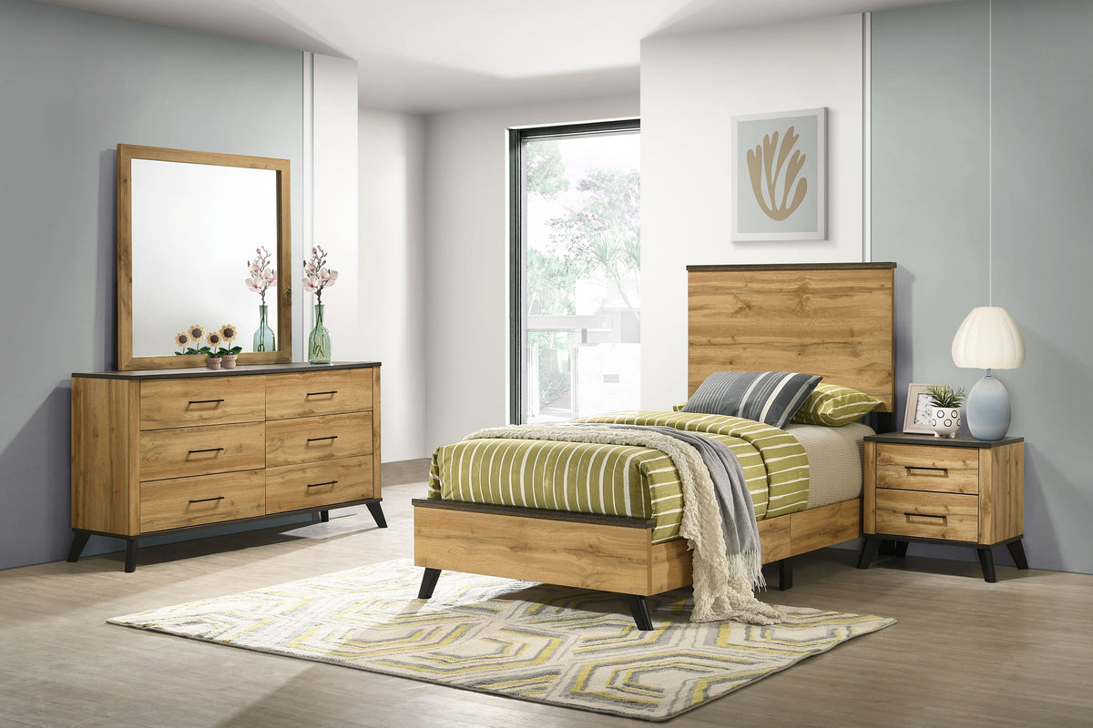Kaywood Mid-Century Panel Bed & Bedroom Sets - Twin, 4pcs- Bed + Nightstand + Dresser + Mirror