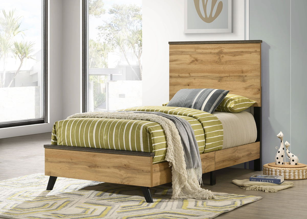 Kaywood Mid-Century Panel Bed & Bedroom Sets - Weathered Brown & Natural Pine with Black Pulls, Twin to Eastern King – view 1