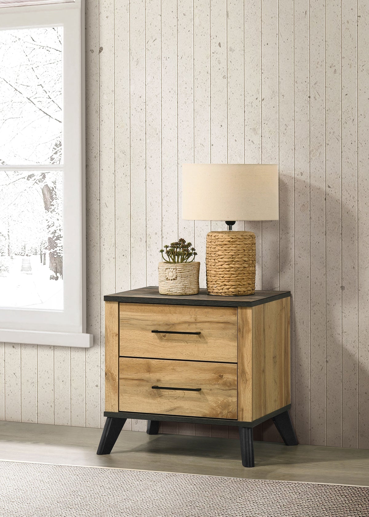 Kaywood Mid-Century Panel Bed & Bedroom Sets - Weathered Brown & Natural Pine with Black Pulls, Twin to Eastern King - lifestyle