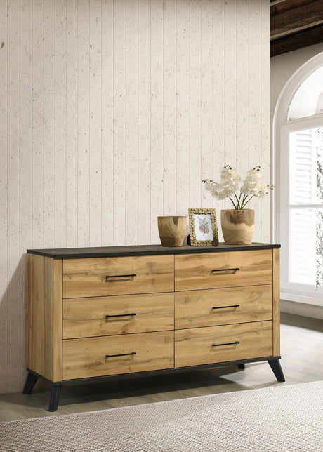 Kaywood Mid-Century Panel Bed & Bedroom Sets - Weathered Brown & Natural Pine with Black Pulls, Twin to Eastern King - lifestyle