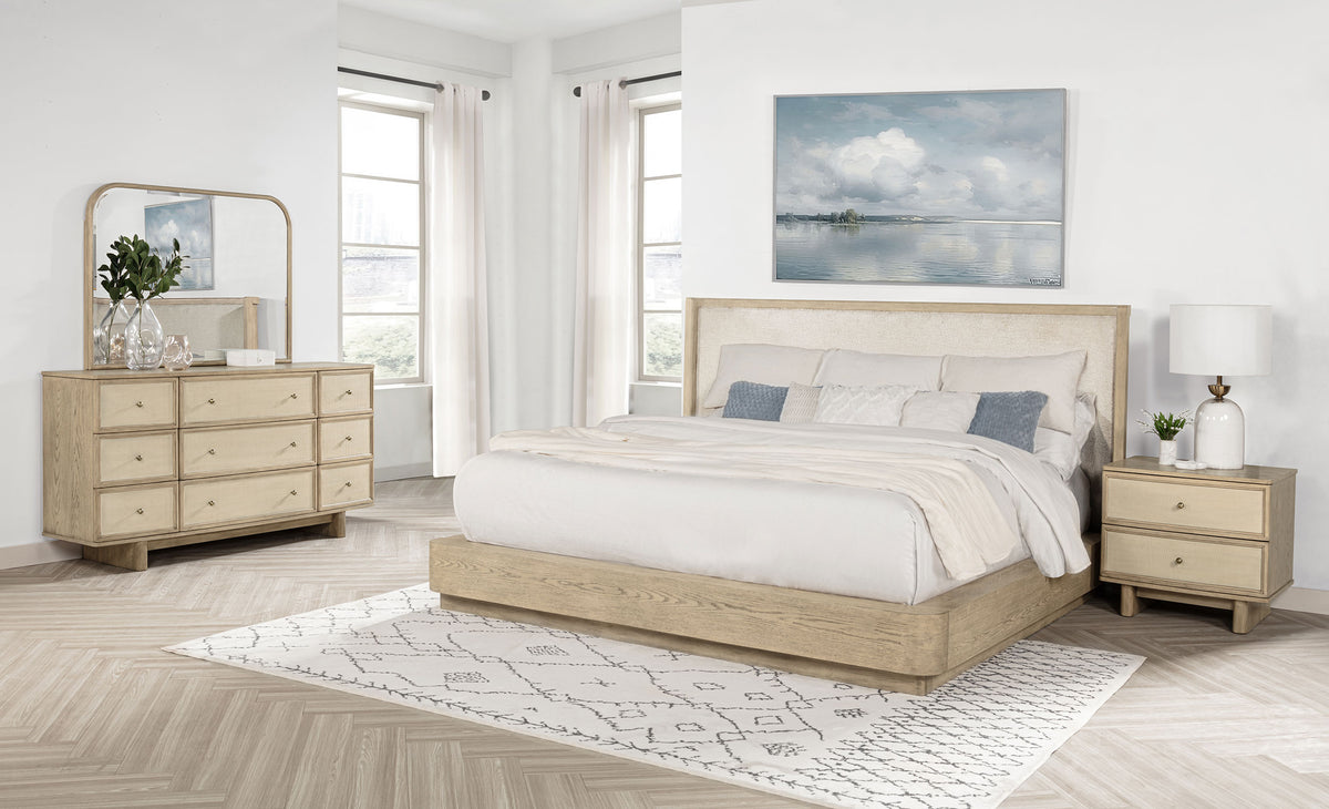 Kailani Upholstered Wingback Platform Bed & Bedroom Sets - 4pcs- Eastern King Wingback Bed + Nightstand + Dresser + Mirror
