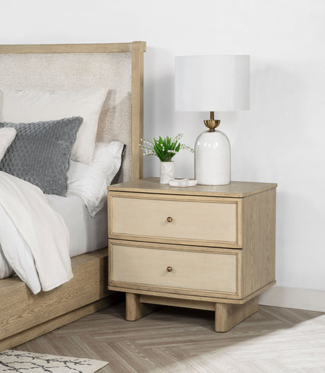 Kailani Upholstered Wingback Platform Bed & Bedroom Sets - Coastal Beige Oak with Cane Accents - lifestyle
