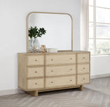 Kailani Upholstered Wingback Platform Bed & Bedroom Sets - Coastal Beige Oak with Cane Accents - lifestyle